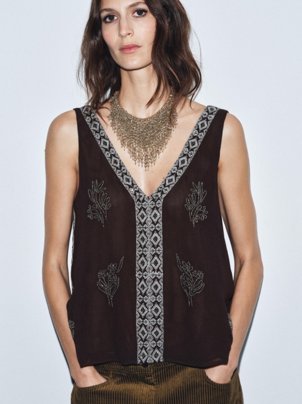 Zara Embroidered V-Neck Sleeveless Tank Top